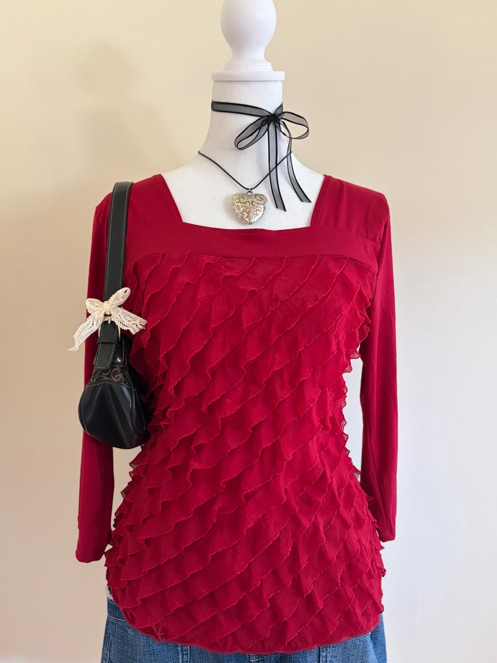 Vintage 90s Y2K sheer chiffon ruffle red top European designer coquette glam M